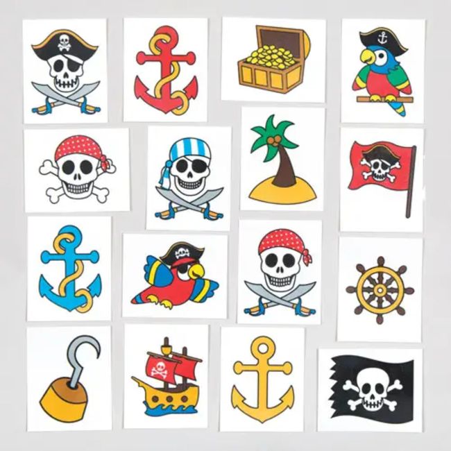 Baker Ross AC882 Pesky Pirate Temporary Tattoos (Pack of 24) Fake Tattoos for Kids Birthdays, Assorted, Small