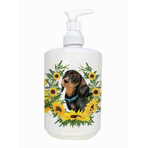Caroline's Treasures CK2927SOAP Black and Tan Dachshund in Sunflowers Ceramic Soap Dispenser Hand Soap Dispenser Pump Bottles for Bathroom Kitchen, Empty Refillable Liquid Soap Container