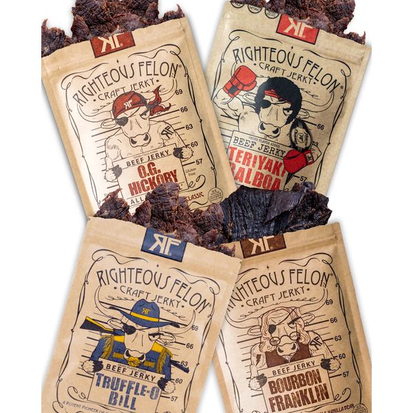 Righteous Felon Beef Jerky | All-Natural Jerky - Locally Sourced & Dried Beef Jerky - Low-Sugar Healthy Jerky Snacks (Sampler Pack)