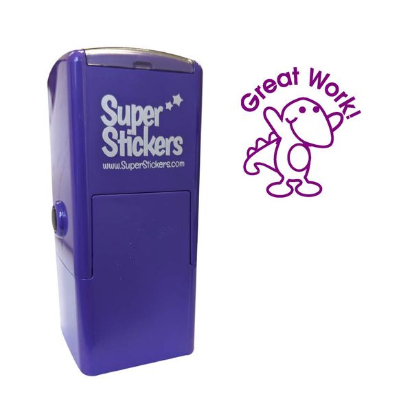 SuperStickers Great Work Dinosaur Pre Inked Stamper - Purple, 28mm Impression. Positive Stamp for Marking.