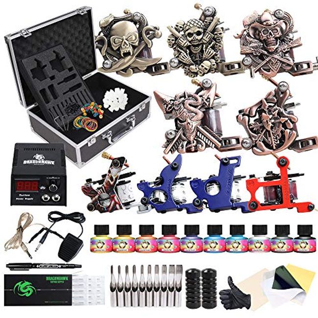 Dragonhawk Tattoo Kit 2 Machine Guns Inks Power Supply Needles HW