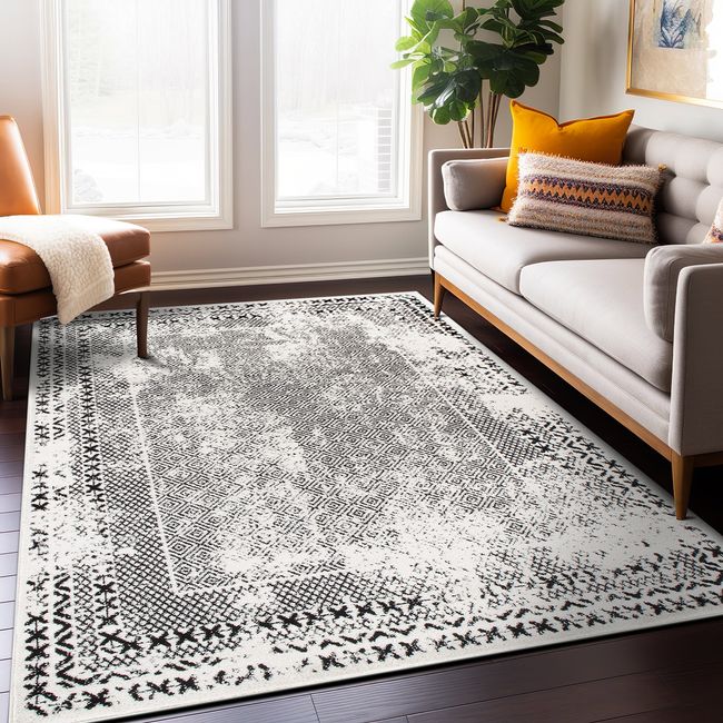 Rugshop Area Rug Bohemian Distressed Border Rugs for Living Room Black Rugs 8x10