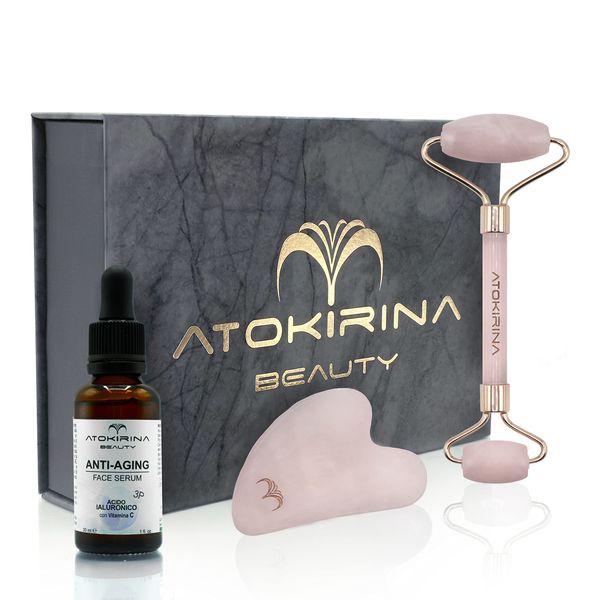 ATOKIRINA Skincare Set Rullo di Quarzo e Gua Sha Pietre Naturali 100% con Siero Anti Età Acido Ialuronico 3P Puro per Massaggio Viso Mento Collo Box Regalo Uomo Donna Made in Italy (Quarzo Rosa)