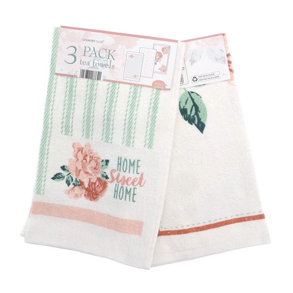 COUNTRY CLUB 100% Cotton Pack of 3 Home Sweet Home Design Velour Kitchen Tea Towels