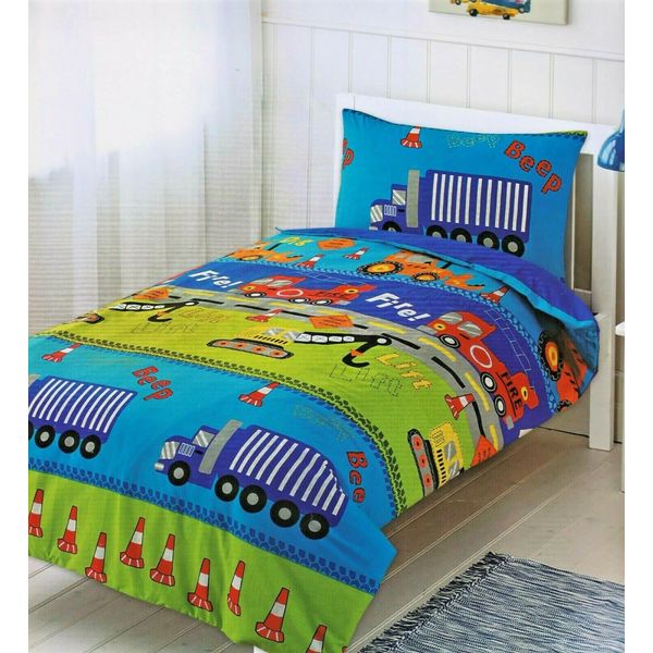 AuraHome ® Premium Cotton Mix Printed Children's Kids Road Works, Construction Vehicles, Trucks, Fire Engine Single Bed Duvet Cover and Pillowcase Set