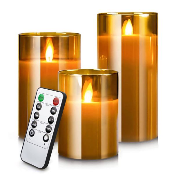 LED Candles Flameless Candles 4" 5" 6" Set of 3 Real Wax Light, Battery Operated Candles Glod Glass Pillars Realistic Flickering Wick Flame Mode, Lantern Candles with Remote Control 24 Hour Timer