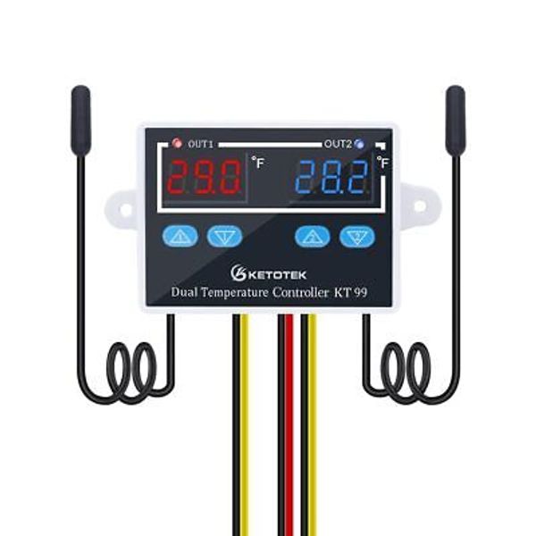 KETOTEK Digital Dual Temperature Controller 120V Fahrenheit Thermostat 10A wi...