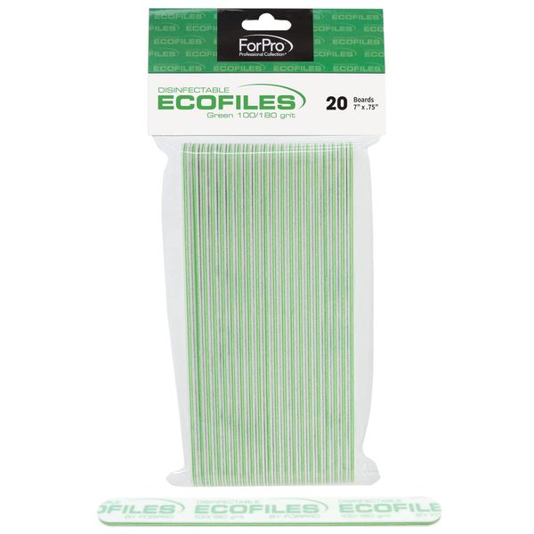 ForPro ECOFILES Eco-Friendly Foam Boards, Green, 100/180 Grit, Double-Sided Manicure and Pedicure Nail Files, 7” L x .75” W, 20-Count