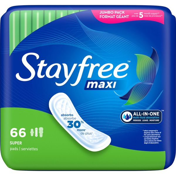 Stayfree Maxi Pads for Women, Super - 66 Count