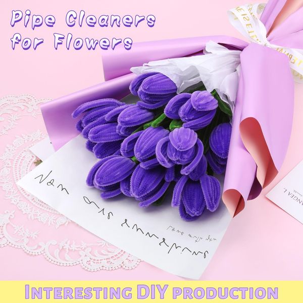 UzecPk Pipe Cleaners Craft, Pipe Cleaner Flower Kit, Craft Pipe Cleaners, Chenille Pipe Cleaners with Wrapping Paper, Step-by-Step Video Tutorials for Birthday Home Decoration (Purple)