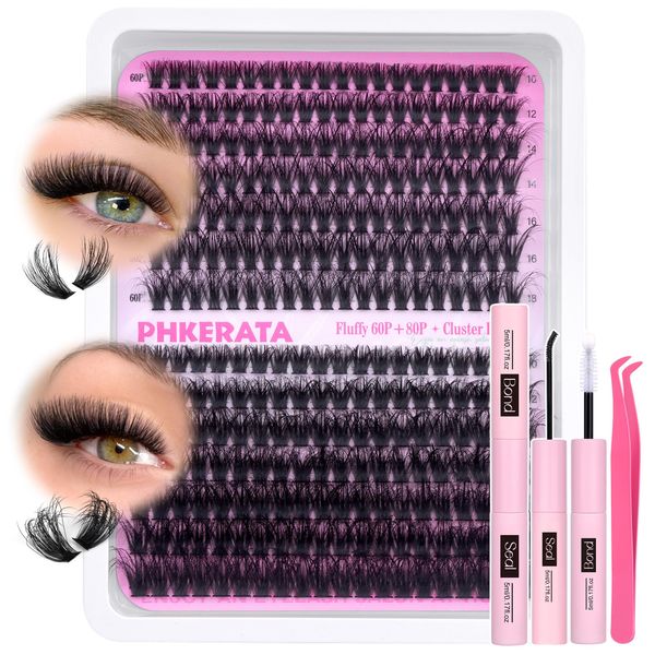 PHKERATA Fluffy Individual Eyelashes Kit 280Pcs Clusters Lashes Kit DIY Lash Extension kit Russian D Curl Lashes Individual Cluster with Lash Bond and Seal Lash Glue,Tweezers (60+80P, 10-18mm Mix)