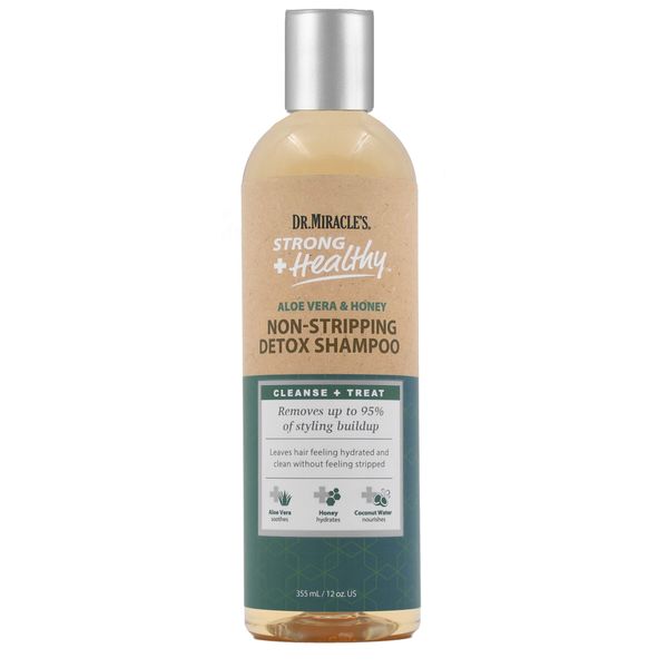 Dr. Miracle's Strong & Healthy Non Stripping Detox Shampoo. Contains Aloe Vera, Honey and Coconut Water to combat dryness, shedding and breakage to support healthy hair and a thriving scalp.