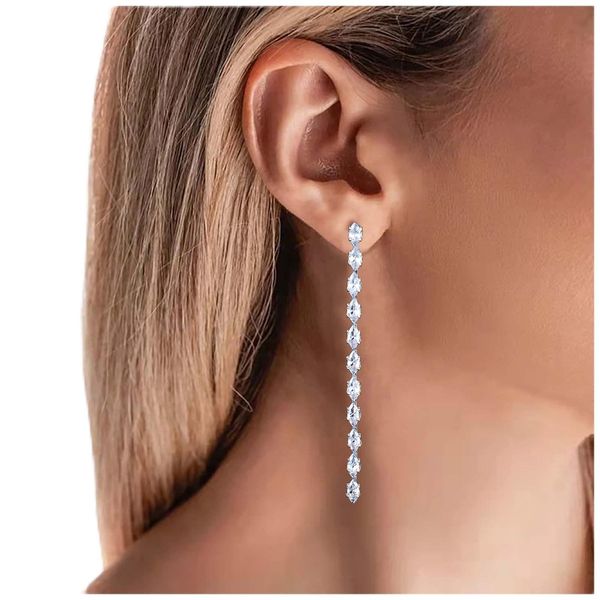 Yheakne Vintage Rhinestone Chain Drop Earrings Silver Linear Crystal Earrings Sparkle Cz Tassel Earrings Long Cz Chain Stud Earrings Thin Chandelier Earrings Jewelry for Women and Girls (Oval crystal)