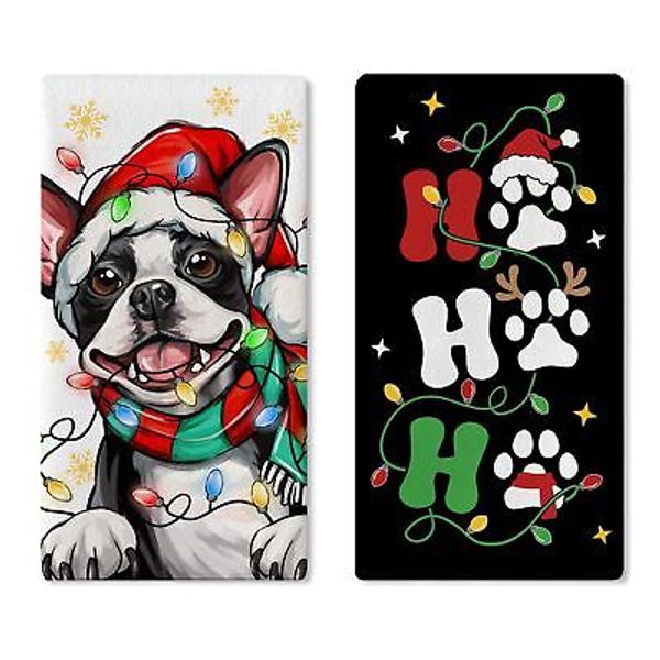 Christmas Boston Terrier Dog Kitchen Dish Towels Set of 2, Xmas Pet Paws Dryi...