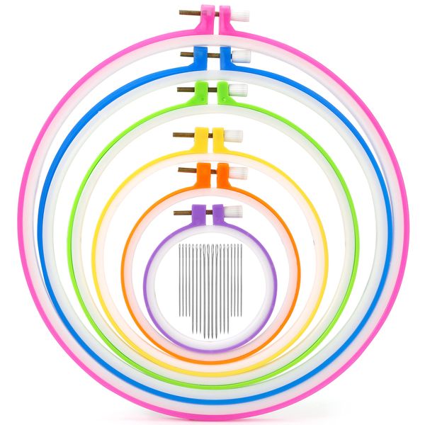 Pllieay 6 Pieces Plastic Embroidery Hoops Set and 16 Pieces Needles Plastic Circle Cross Stitch Hoop Ring 3.4 inch to 10.2 inch for Embroidery and Cross Stitch(Multicolor)