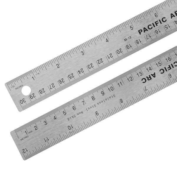 Pacific Arc Stainless Steel 12 Inch Metal Ruler Non-Slip Cork Back, with Inch and Metric Graduations