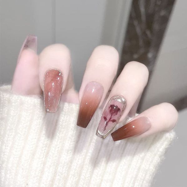 AAGWW Nail Tips, Berry Short, False Nails, Long, Coming-of-Age Ceremony, Mat, False Nails, Cute, Beautiful Shell Supplies, Workshop, Glue Design (Color: Autumn Roses, Product Contents: 24 Nail Art + Glue)