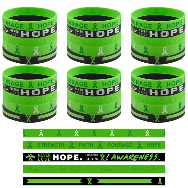 WANDIC Green Ribbon Bracelets, 30pcs Liver Cancer Awareness Silicon Wristbands Mental Health Armbands for Public Social Charity Environment Protect Event