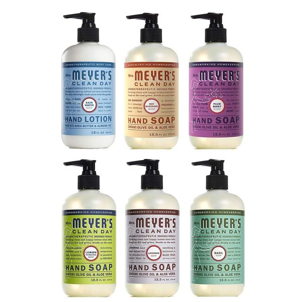 Mrs. Meyer's Liquid Hand Soap New Everyday 6 Scent Variety Pack, 1 Rainwater, 1 Oat Blossom, 1 Plumberry, 1 basil, 1 lavender, 1 Lemon Verbena, 1 CT