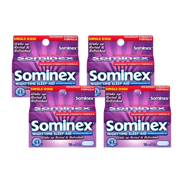 Sominex Nighttime Sleep-Aid Caplets, Maximum Strength, 16-Count Boxes (Pack of 4)