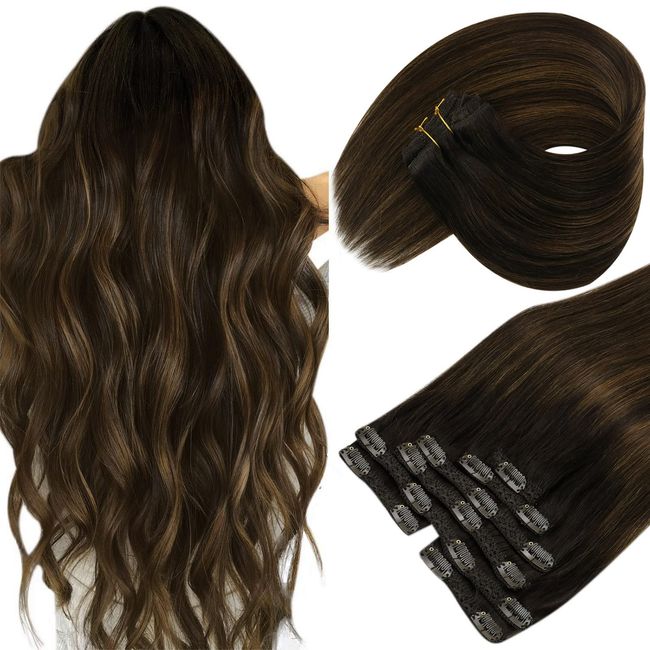 Sunny Clip In Hair Extensions Brown Invisible Real Human Hair Clip in Hair Extensions Balayage Dark Brown Mix Medium Brown Human Hair Extensions Clip In Mocha Color 14Inch 7Pcs 120G