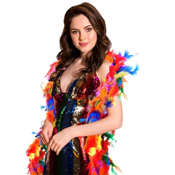 2M Multicoloured Feather Boa Rainbow Feather Boa Necklace Scarf Technicoloured Pride Boa Fancy Dress Party Accessory Christmas Tree Dancing Wedding Dress Up Crafting