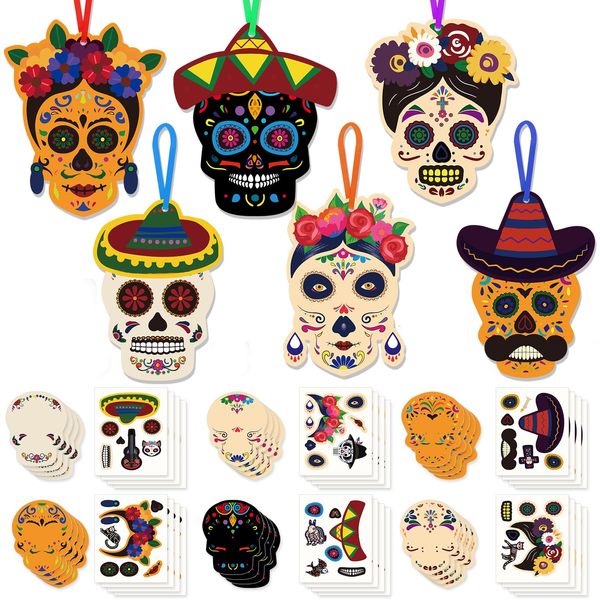HOWAF 24 Pieces Day of The Dead Craft Kits Dia De Los Muertos Stickers Decorations Make Your Own Skull Hanging Ornament, DIY Sugar Skull Ornaments for Halloween Mexican Day of The Dead Supplies