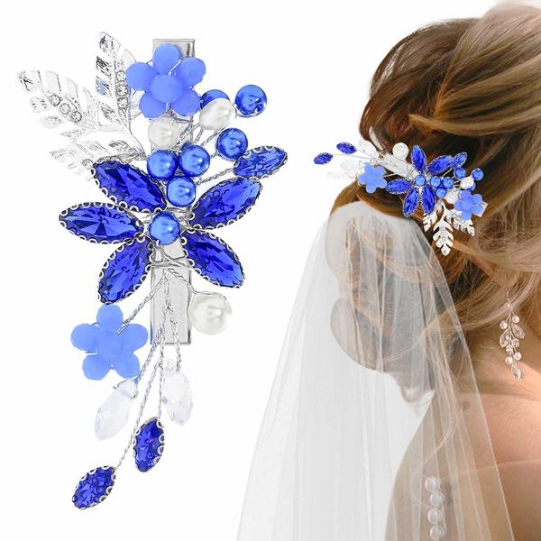 Lorealri Rhinestone Hair Clip Wedding Flower Crystal Dress Hair Accessories Sparkle Handmade Pearls Bride Bridesmaid Headpieces for Women (Blue)