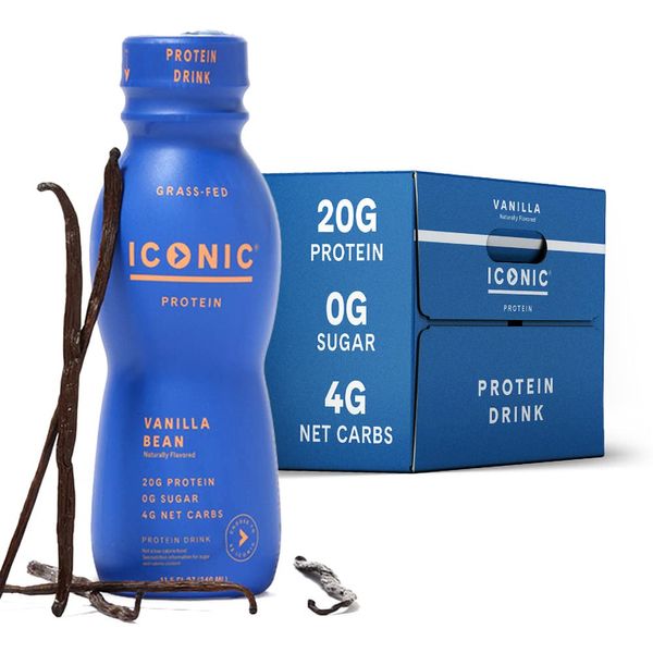 Iconic Protein Drinks, Vanilla Bean (12 Pack) - Sugar Free & Low Carb - 20g Grass Fed Protein - Lactose Free, Gluten Free, Non-GMO, Kosher - Keto Friendly Protein Shakes