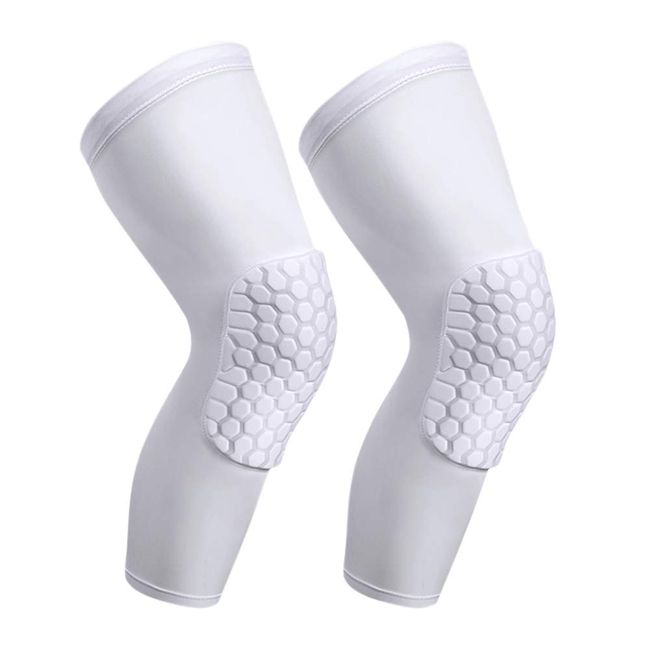 PISIQI Knee Compression Pads Long Leg Sleeve Brace Protection for Basketball, Football & Volleyball (2 sleeves) (White, L)