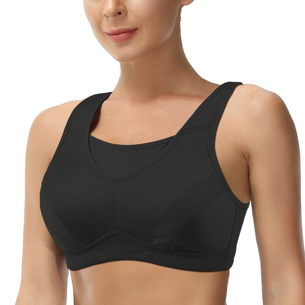 ZeroBound Women's Sports Bra High Impact Large Bust Full Coverage Workout Bras Adjustable Wirefree NO Padded Bra Black