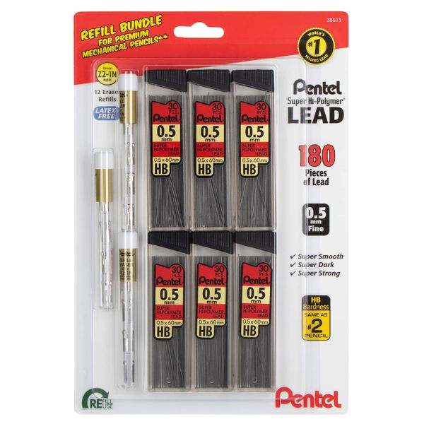 Pentel Eraser and Lead Refill Pack for Mechanical Pencils - Super Hi-polymer Lead Refills Value Pack, 0.5mm 6 Pack of 30 Pieces – Pack of White Eraser Refills 3 Packs of 4 Erasers