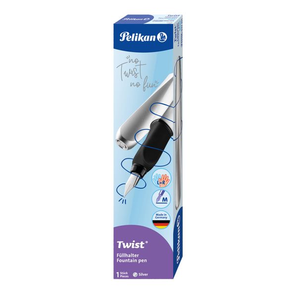 Pelikan Twist Fountain Pen with 1 Ink Cartridge, Medium Nib, Silver, Boxed (947101)