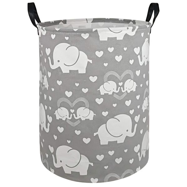 DUYIY 19.7 Inch Round Big Size Canvas Storage Basket with Handle Large Organizer Bins for Dirty Laundry Hamper Baby Toys Nursery Kids Clothes Gift Basket (heart elephant)