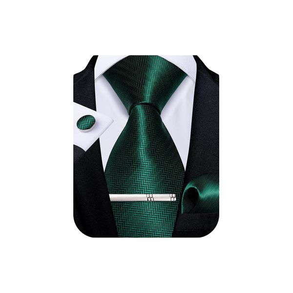 DiBanGu Mens Solid Emerald Green Tie and Pocket Square Cufflink Set Silk Formal Plain Green Necktie Wedding