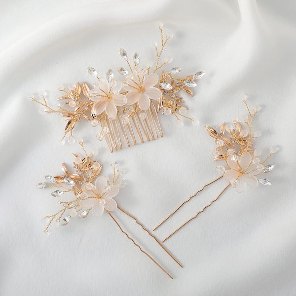 Haodeliy Hair Ornament, Comb, U Pins, 3-piece Set, Bridal Hair Accessories, Handmade Wedding Headdress for Weddings, Receptions, Graduation Ceremonies, Entrance Ceremonies, Parties, Kimono, Hair