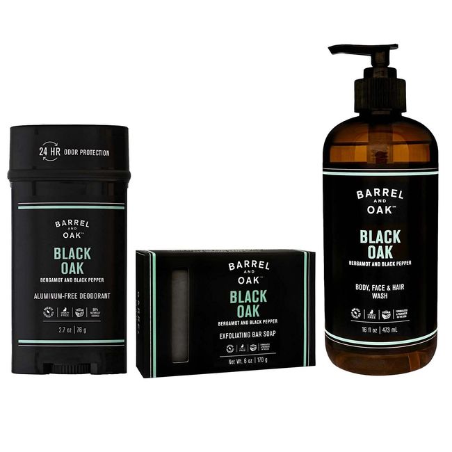 Barrel and Oak - Men's Body Care Set, Black Oak Scented Variety Pack, Essential Oil-Based Scent, Warm Oak & Spicy Bergamot, Bar Soap (6 oz), Body Wash (16 oz), & Deodorant (2.7 oz) | 3-Pack