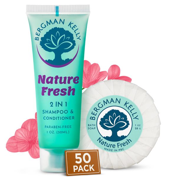 BERGMAN KELLY Round Soap Bars, 2in1 Shampoo & Conditioner 2-Piece Set (Nature Fresh, 1 oz each, 100 pc), Delight Your Guests with Refreshing & Soothing Hotel Amenities & Bulk Toiletries