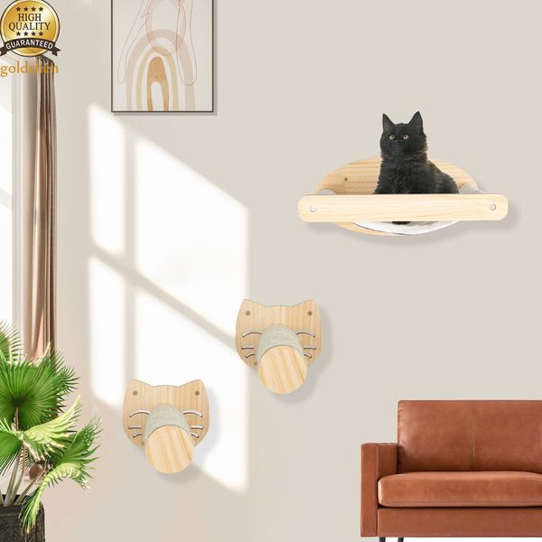 Wall-mounted Cat Hammock Bed With 2 Cat Scratching Posts Pet Furniture Shelf Set