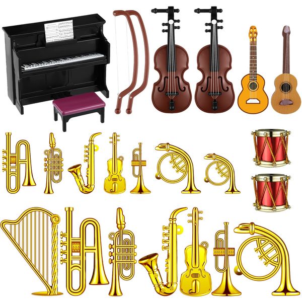 24 Pcs Dollhouse Musical Instruments Miniature Violin Piano Trumpet Saxophone Electric Guitar Tiny Christmas Instruments Set for Party Gift Mini House Musical Room Succulent Garden (Black Piano)