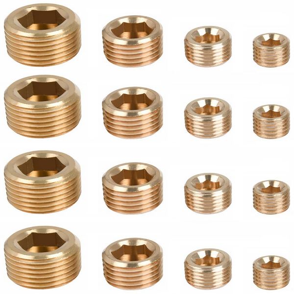 16PCS Brass Pipe Fittings Set, NPT Pipe Plug 1/8" 1/4" 3/8" 1/2" Brass Internal Hex Thread Socket Pipe Plug Set