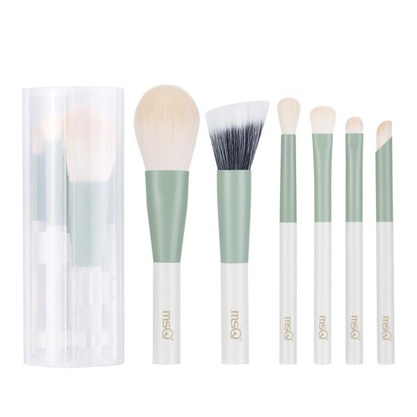 MSQ 6pcs Makeup Brush Set Everyday Basic Essentials Brush Set include Eyeshadow Brushes, Blending Brush, Stippling Brush, Concealer Brush & more [6 Brushes + Foldable Case]. Perfect for Travel Green