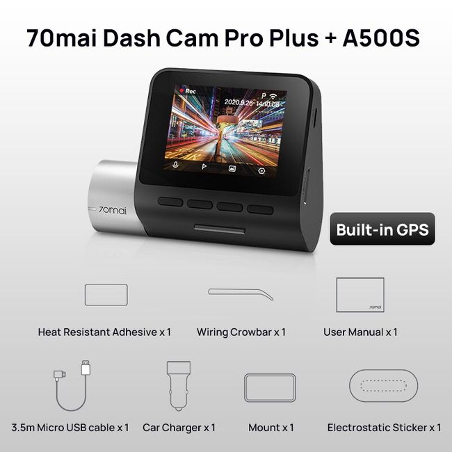 70mai Dash Cam Pro Plus A500S Built-in GPS 70mai A500S PLUS Car DVR 1944P  Speed Coordinates ADAS 24H Parking Support Rear Cam