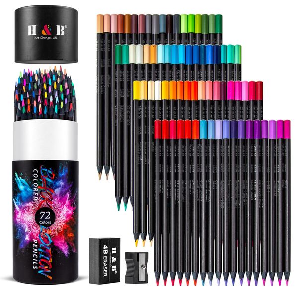 H & B Art Supplies 72Pcs Colouring Pencils Black Edition, Professional Coloured Pencils for Adults,Artists Sketching, Shading and Coloring