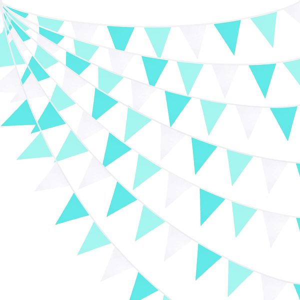 PinkBlume Tiffany Green and White Triangle Flag Cloth Garland Banner Party Decoration, Green Light Blue Pennant Flag, Wedding Garland, 100th Celebration, Birthday, Picnic, Outdoor Flag, Children's