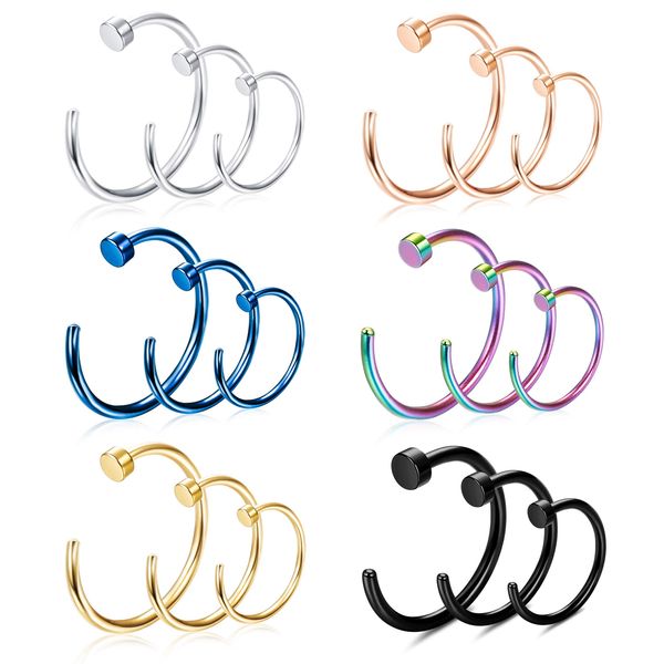 MILACOLATO 18pcs 22G 316L Surgical Steel C-shape Nose Hoop for Men Women Flat Disc Thin Nose Ring Cartilage Tragus Ear Piercing Set Colorful