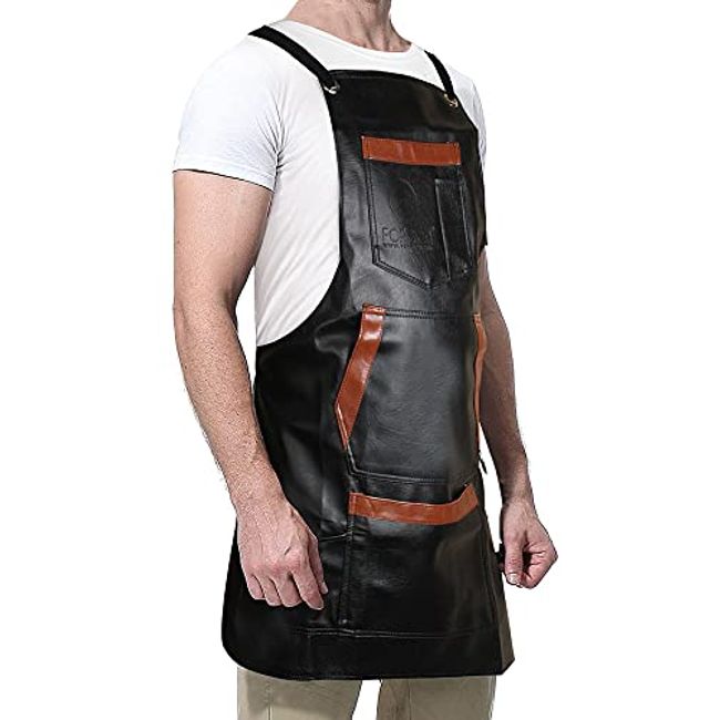 FORGICA Professional PU Leather chef Apron for Men, Hair Cutting Hairdressing mens Aprons for Women Cape for Salon Hairstylist - Barber accessories- Adjustable with 8 pockets -Black