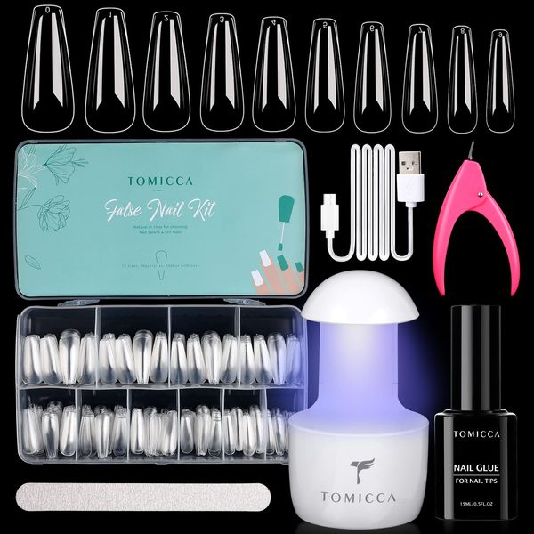 TOMICCA Nail Tips and Glue Gel Kit,Nail Extension Kit-4 In 1 Nail Glue and Base Gel,500Pcs Coffin Nails with Portable LED Nail Lamp DIY Nail Art Acrylic Nail Starter Kit Easy Nail Extension Set Gifts