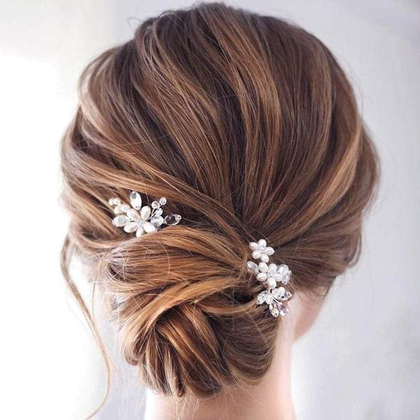 Clataly Bride Wedding Headdress Silver Rhinestone Hairpin Handmade Crystal Pearl Hair Clip Hair Piece U-Shaped Hairpins Hair Accessories