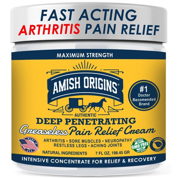 Amish Origins Arthritis Pain Relief Cream - 7 oz - Maximum Strength Deep Penetrating for Joint, Muscle, Knee, Back, Feet, Hand, Ankle, Aches, Neuropathy